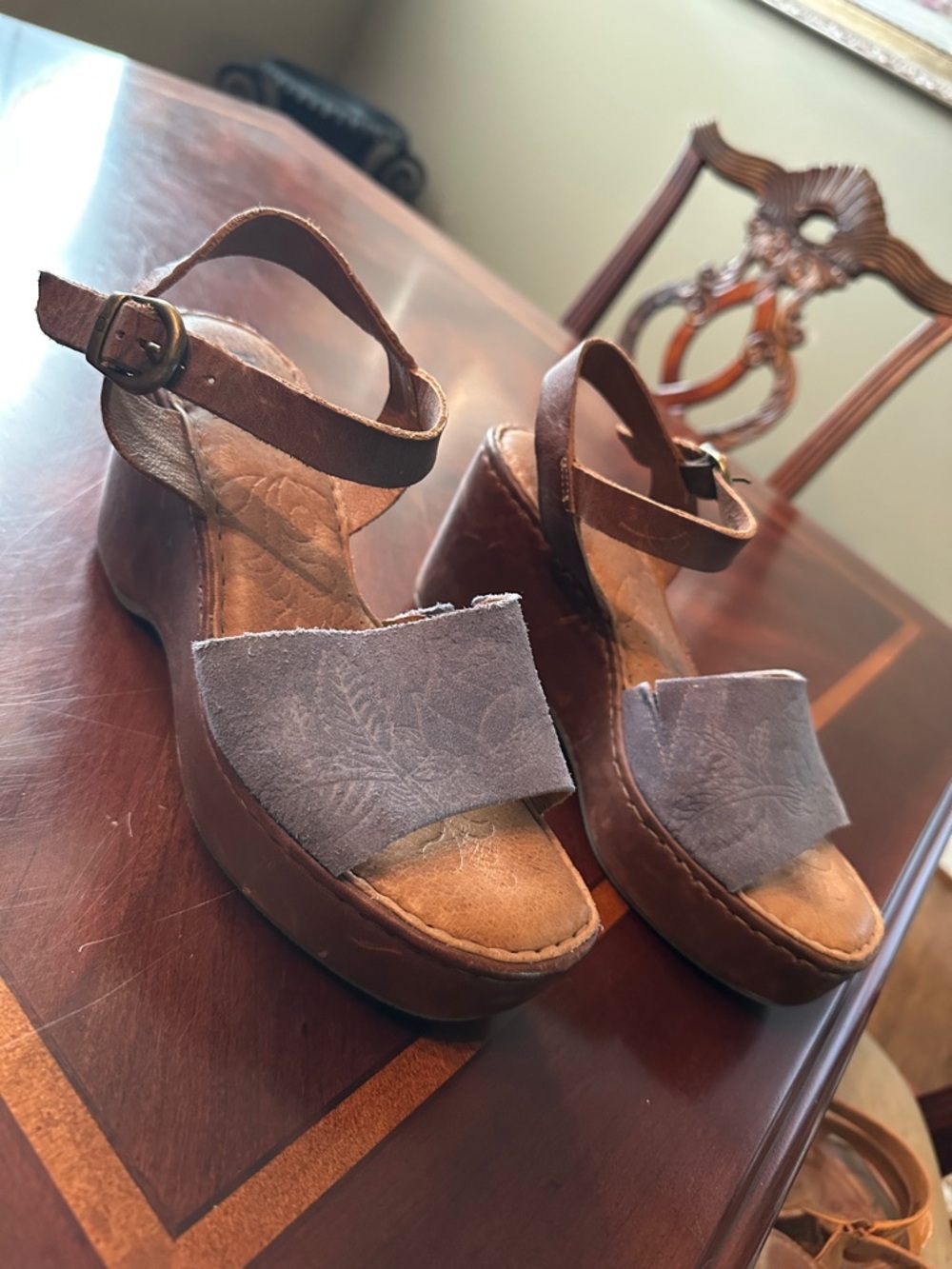 Born Brown Leather Wedge Sandals with blue Gray Suede Strap